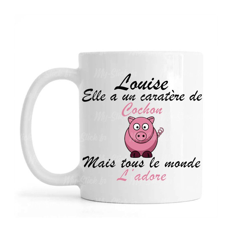 Mug personnalisé avec prénom recto-verso "elle a un caractère de cochon"