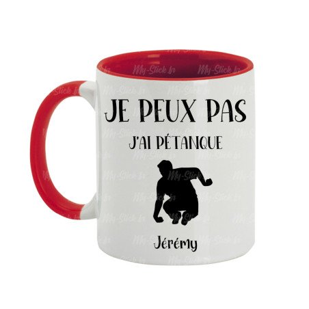 Mug personnalisé Je peux pas j'ai Pétanque silhouette accroupie avec prénom