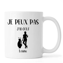 Mug Golfeuse silhouette féminine personnalisé Je peux pas j'ai Golf avec prénom