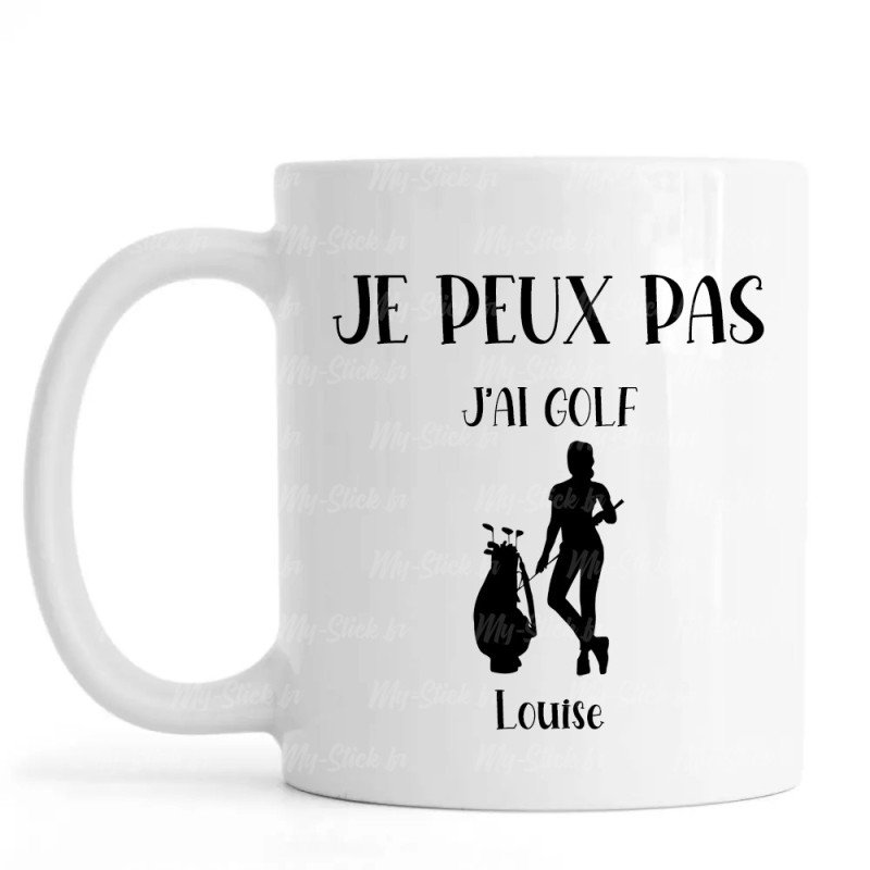 Mug Golfeuse silhouette féminine personnalisé Je peux pas j'ai Golf avec prénom