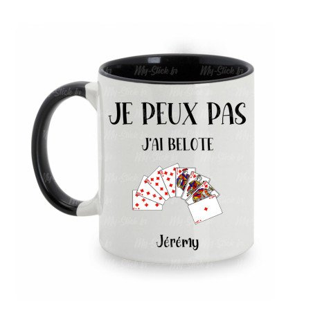 Mug personnalisé Je peux pas j'ai Belote avec prénom